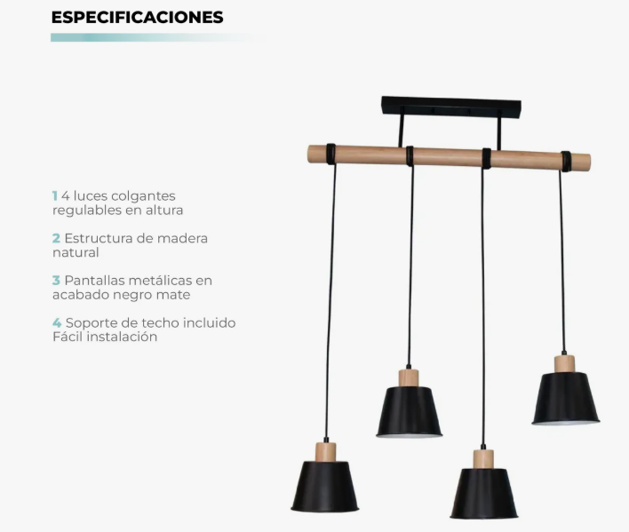 Lámpara Colgante Marca 4 Luces E27 Negra
